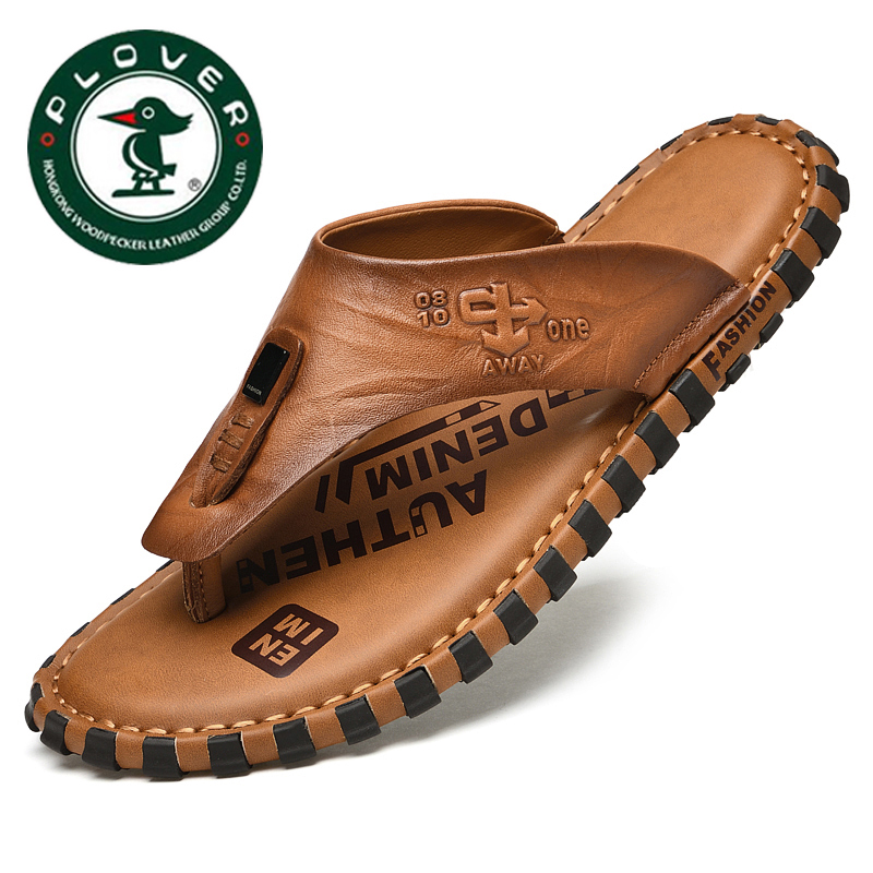 Plover Brand Genuine Flip-Flops for Men, Genuine Leather, First Layer Cowhide, Soft Sole, Soft Leather, Anti-Odor Slippers, Men's Beach Shoes