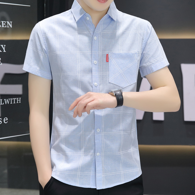 2026 New Ice Silk Short-Sleeved Shirt for Men, Summer Thin Style with Pockets, Korean Version Casual Wrinkle-Free Plaid Top