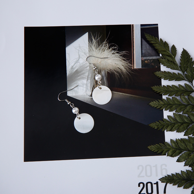 独品 饰品s925纯银钩天然贝壳圆片珍珠耳环气质女耳坠无耳洞耳夹