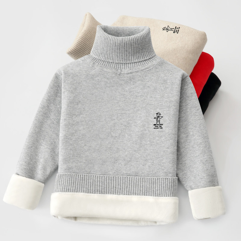 Children's Sweater Boys Autumn and Winter Wear High Collar Pullover Knitted Sweater Girls Big Boy White Black Red Bottom Sweater Plus Velvet