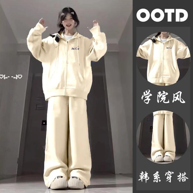 Spring and Autumn Korean Style Suit, Loose Fit, New Student Style, Zip-Up Hooded Cardigan Sweatshirt Jacket, Casual Wide-Leg Pants Two-Piece Set Spring and Autumn Korean Style Suit, Loose Fit, New Student Style, Zip-Up Hooded Cardigan Sweatshirt Jacket, Casual Wide-Leg Pants Two-Piece Set