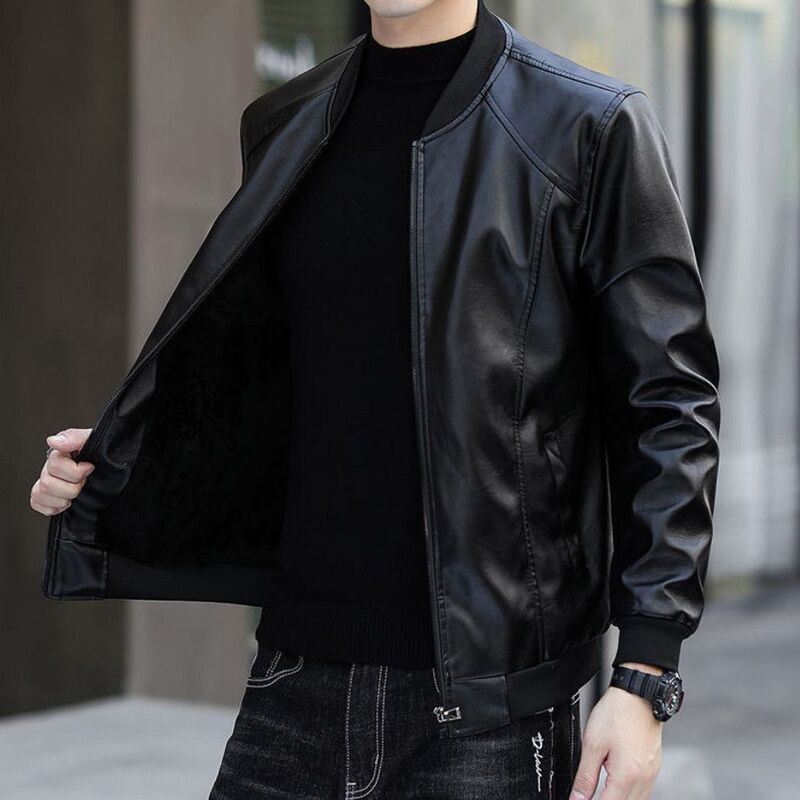 Men's Autumn and Winter Fleece-Lined Leather Jacket, Motorcycle Jacket, Korean Style Slim Fit Leather Jacket, Casual and Warm, Trendy for Young and Middle-Aged People