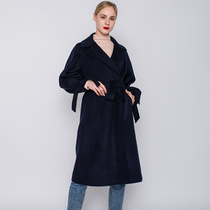 2020 Autumn Winter Europe Station za Double-sided velvet coat womens long knee lace-up woolen blue coat ra