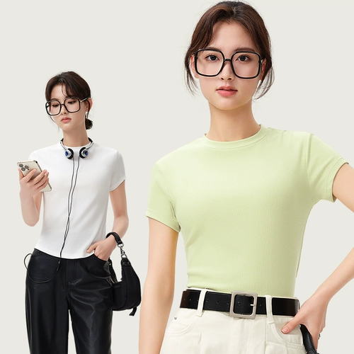 Хлопковая приятная телу модная футболка с коротким рукавом, 2024 года, облегающий крой