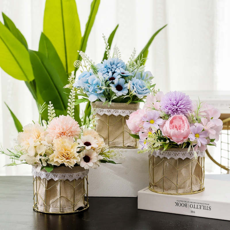 ins small fresh simulation flower set wrought iron vase Nordic home decoration flower living room coffee table dining table small ornaments