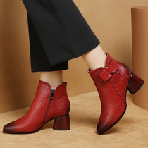 Rough heel boots female red autumn and winter new leather with boots lady short tube plus large female shoe bow bow bow