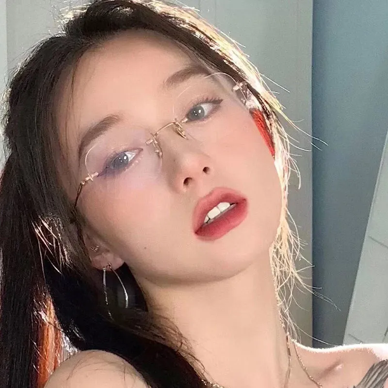 Xiaohongshu Style Retro Frameless Glasses for Women, Nearsightedness Makeup-Free Essential, Ins-Style Ultra-Light Non-Prescription Plain Glasses for Men