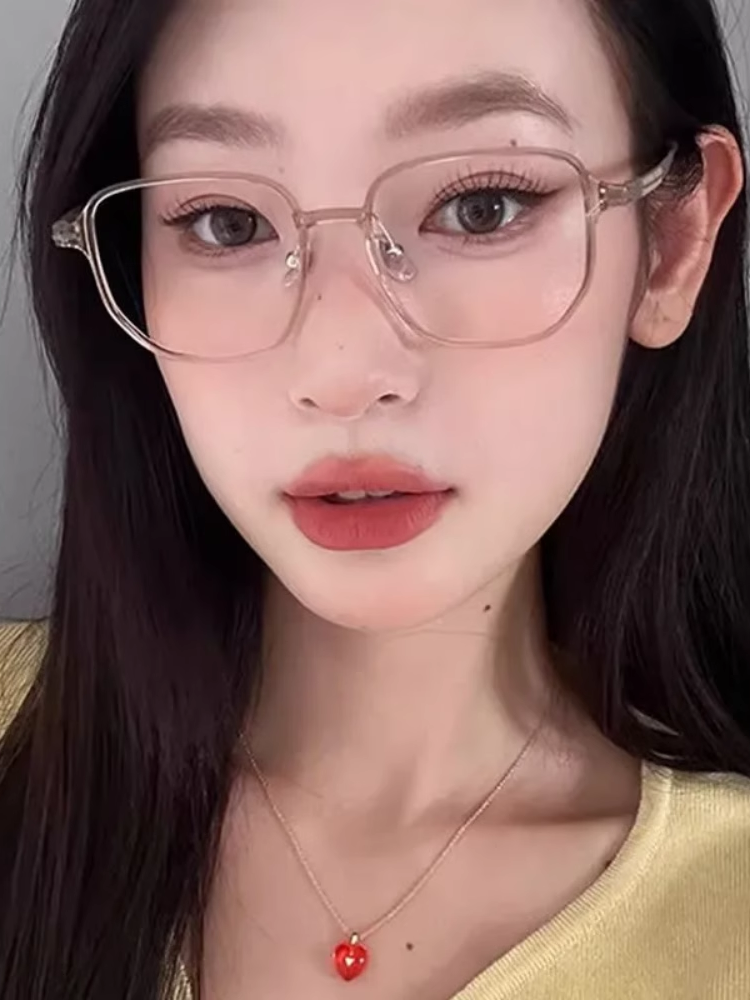 Ultra-Light Polygonal Transparent Gray Glasses for Nearsighted Women, Customizable Prescription, Large Frame, Natural Look, Stylish, Blue Light Blocking Frame