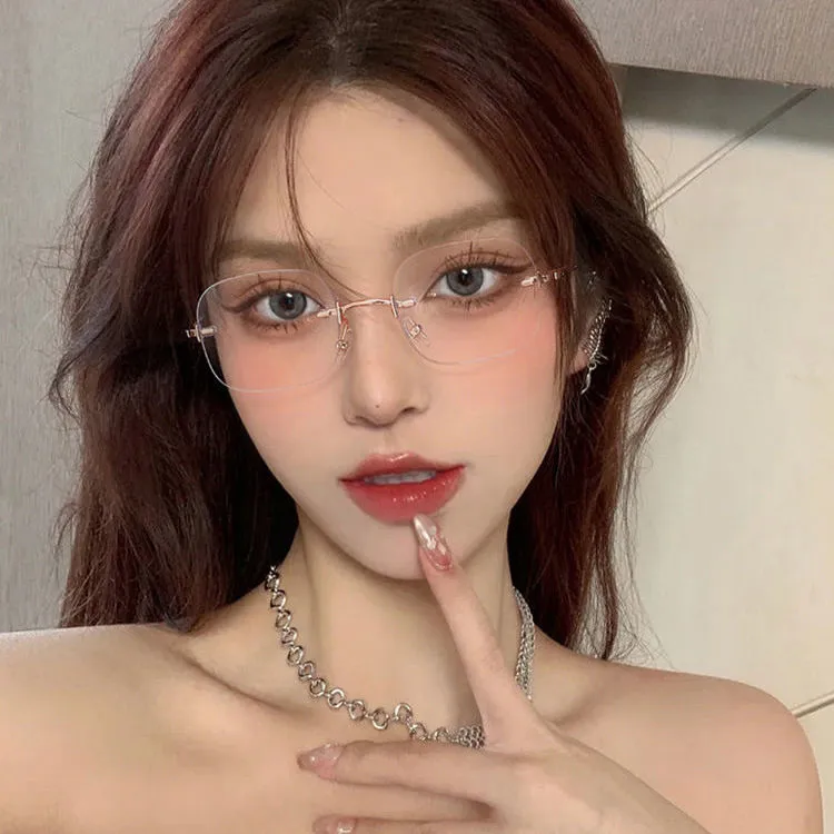 Xiaohongshu Style Retro Frameless Glasses for Women, Nearsightedness Makeup-Free Essential, Ins-Style Ultra-Light Non-Prescription Plain Glasses for Men