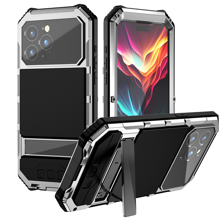 Metal Tough Shockproof 3 Layer Drop Resistant 360 Full Protection Kickstand Function High End Premium 15, 15 Plus, 15 Pro, 15