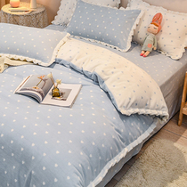 Coral velvet double-sided milk flannel warm four-piece set of love sheets blue girl heart Korean ins wind