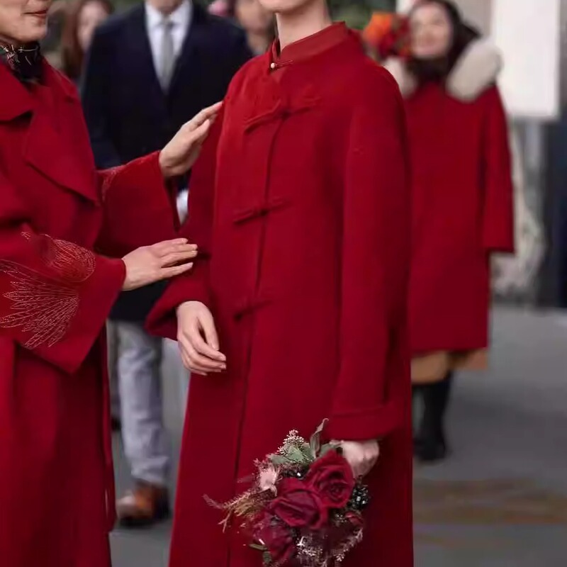 Red Double-Sided Cashmere Coat for Women 2026 New Style Chinese Wedding Bride Mid-Length Toast Dress Woolen Coat