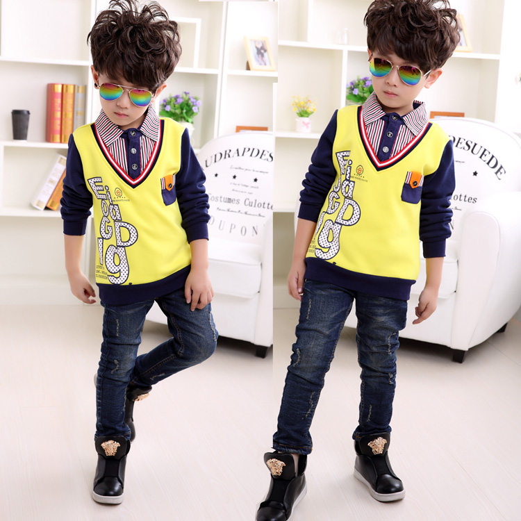 Quần áo trẻ em bé trai chạm đáy áo mùa xuân và mùa thu mẫu cotton hoang dã áo thun dài tay trẻ em giả áo hai mảnh phiên bản Hàn Quốc của thủy triều áo thun trẻ em xuất khẩu