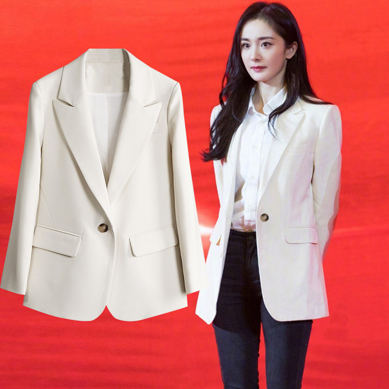 Yang Mi and Tan Songyun Wear the Same Style of Clothes, White Blazer for Women, Casual, Elegant, Slimming, Petite Suit Jacket, Black
