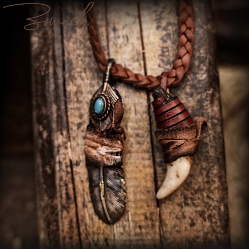 Handmade Genuine Deerskin Necklace, Indian Navajo Handmade Copper Feather Dog Tooth, American Western Old Money Style Art