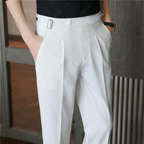 OECANA mens casual pants small feet slim trousers handsome belt decoration hanging pants white suit pants tide tide