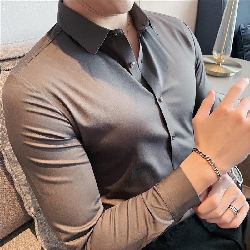 2021 Autumn Winter New Pint Men's Shirt Soft Pure color No-scratched elastic shirt Body Slide Male long sleeves Shirt Tide