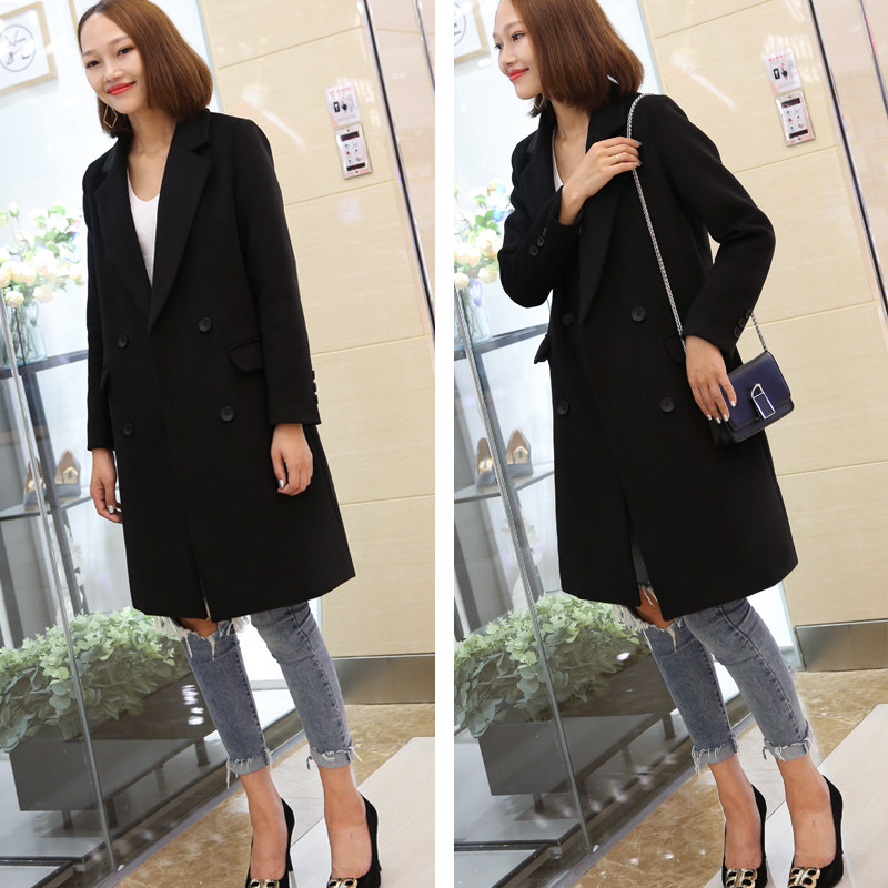 Black wool coat Women's winter professional decoration body is thin in the long version of thickened Hepburn wind coat