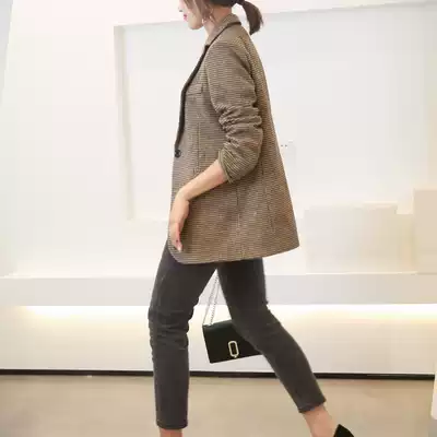 Plaid blazer women's autumn and winter new thick coat chic retro houndstooth wool coat clearance price