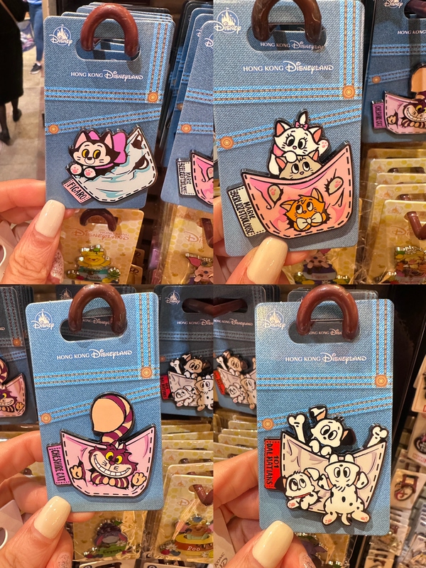 Hong Kong Disneyland Limited Edition Denim Pocket Q-Version Mickey Mouse, Marie Cat, Dalmatian, Lucifer Exchange Badge Pin