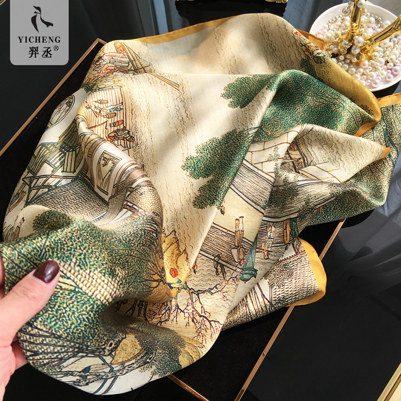 [Qingming Riverside Scene] Elegant Chinese-Style Mulberry Silk Square Scarf, High-End Gift Silk Scarf, Shawl