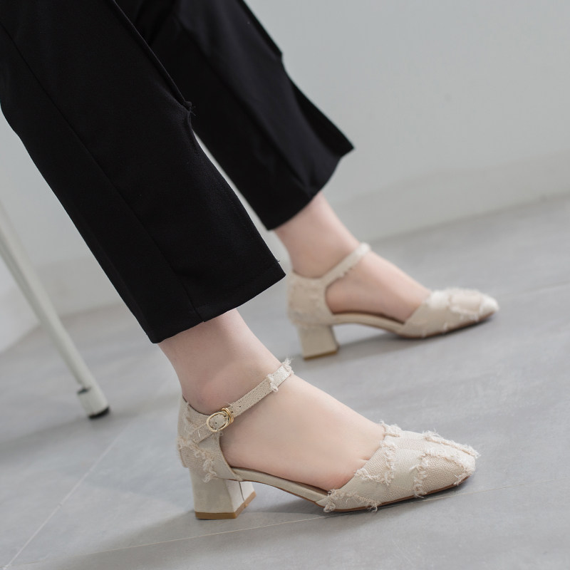 Coarse heel single shoe woman 2022 new summer 100 hitch 100 lap cingulum small code 32 hollow 33 high heel shoes big size women's shoes