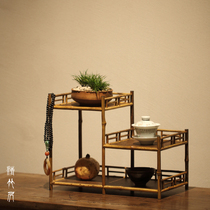 Qingzhu Ju spring plum deer bamboo three-stall tea shed Tea set rack Multi-Baogbo ancient rack Storage display rack