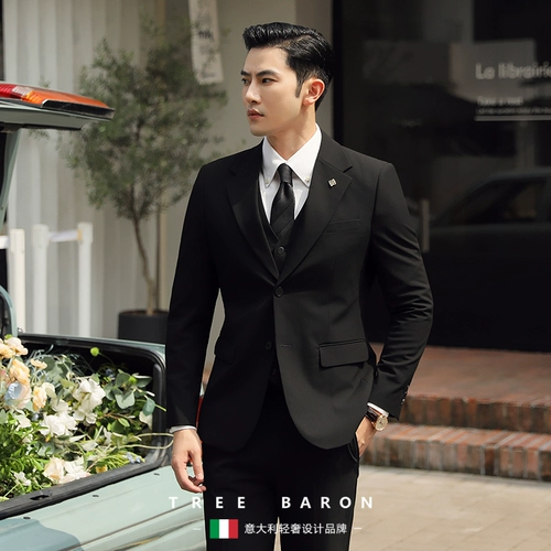 Мужской комплект, платье, пиджак классического кроя, легкий роскошный стиль, 3 предмета, в корейском стиле
