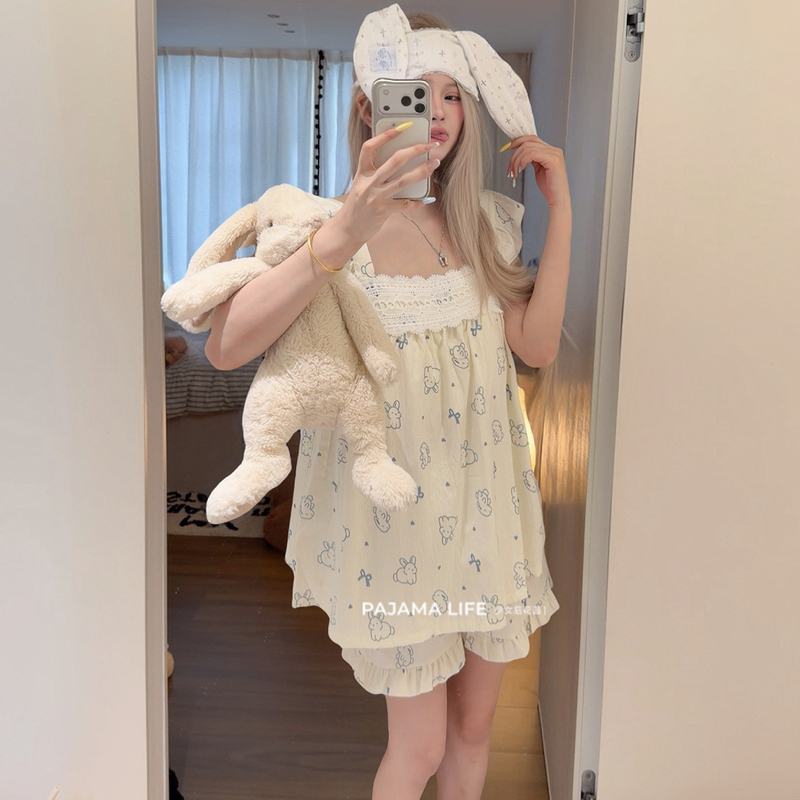 Cute Cartoon Blue Line Bunny Cloud Cotton Pajamas for Women, Summer with Chest Pads, Small Flutter Sleeves, Student Loungewear Set