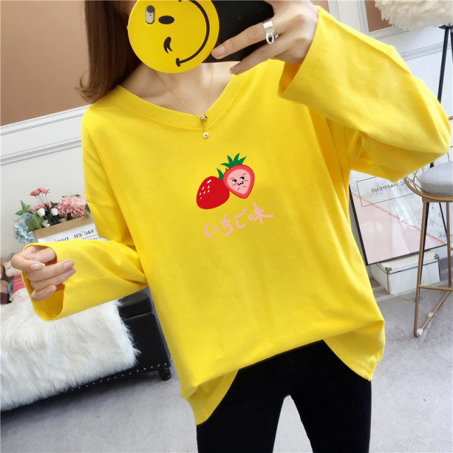 Women's cotton long-sleeved T-shirt spring and autumn loose, lazy, large size was thin, all-match outer wear bottoming shirt V-neck blouse women