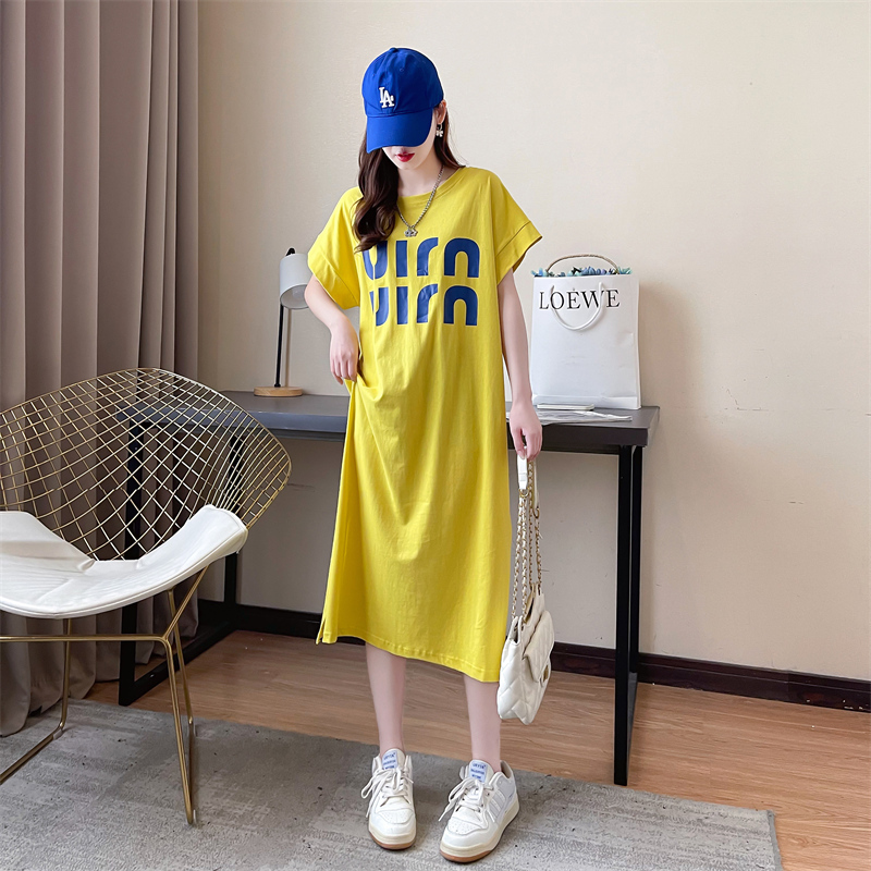 Plus Size Women's Korean Fashionable Slit Casual Lazy Style Long T-Shirt Dress Loose Slimming Short-Sleeved Dress for Summer