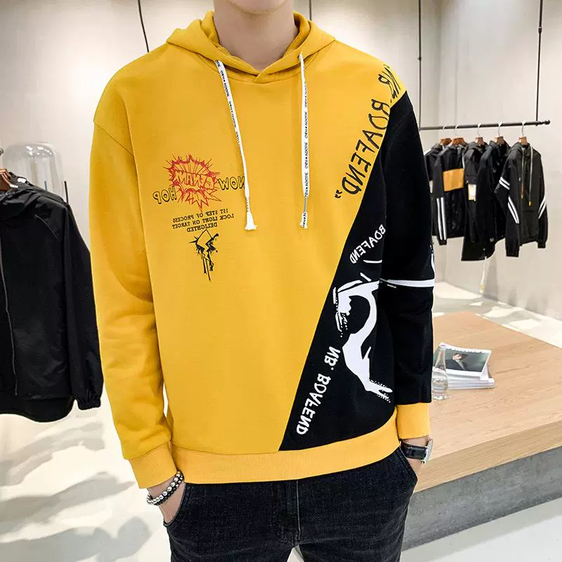 Phiên bản áo len nam 2019 mùa thu bảo hiểm rủi ro tương phản lỏng màu khâu in áo hoodie hàng đầu - Áo len