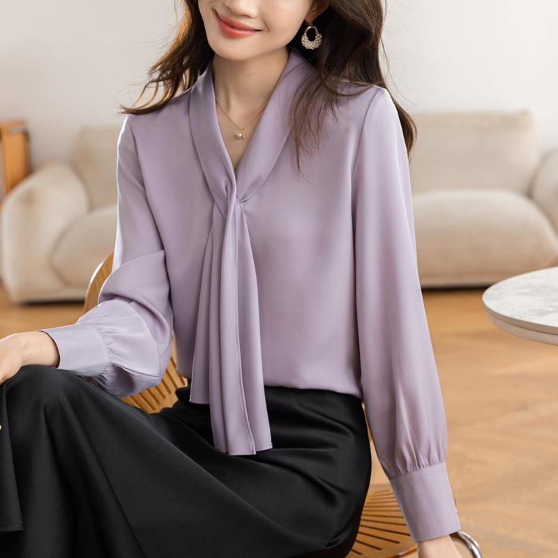 Shengyuzhu Heavy Silk Shirt for Women 2026 Spring New High-End Drapey Ribbon V-Neck Blouse Mulberry Silk Top