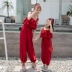 Quần màu đỏ cha mẹ-con mặc hè 2019 phong cách thời trang đi biển đi biển thương hiệu hoa sen lá quai ngang nữ - Trang phục dành cho cha mẹ và con Trang phục dành cho cha mẹ và con