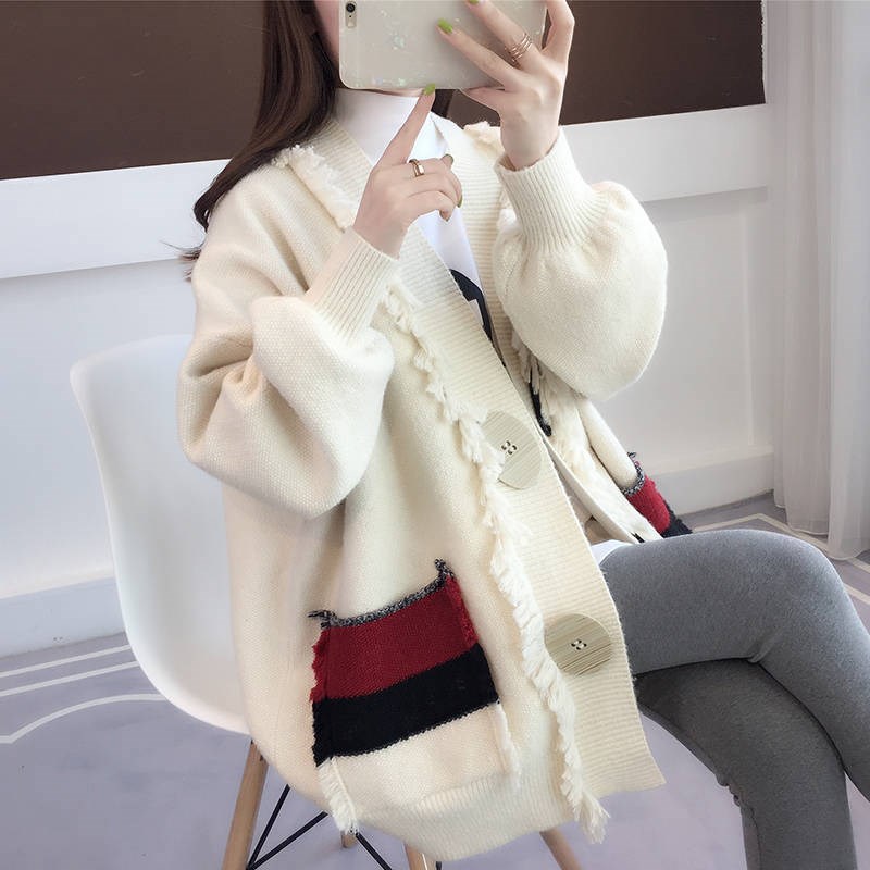 Very fairy sweater women's lazy style 2019 spring new Korean version loose color matching knitted sweater women's cardigan jacket