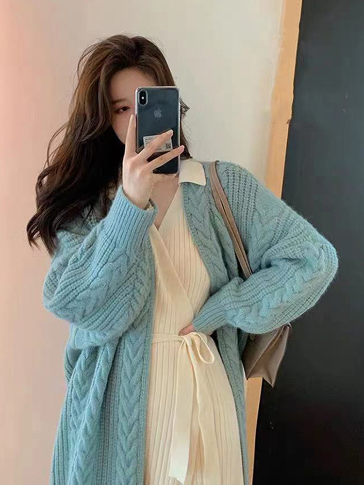 Medium-long-style sweater cardio-hoodie jacket woman 2021 autumn winter new Korean version loose outside wearing a lazy wind net red needle weasel-knit-Taobao