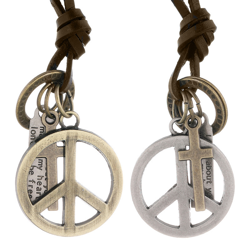 European and American New Style Men's Leather Necklace with Adjustable Alloy Peace Sign Pendant, Long Sweater Chain, Cross-Border Jewelry