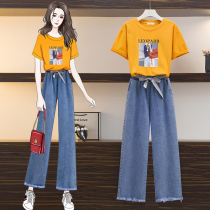 Fat mm thin meat cover two-piece suit denim wide leg pants 2021 new fashion casual large size womens summer clothes