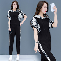 Large size womens western style fashionable two-piece suit sports casual pants 2021 new fat mm fried street summer clothes show thin