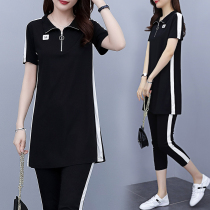 Fat mm summer two-piece suit Western style sports leisure 2021 new large size womens clothing thin belly cover-up top