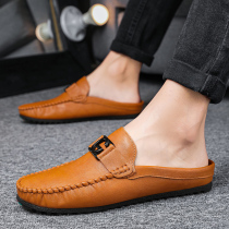 Mens shoes 2022 Summer new no heel semi-drag casual leather shoes mens one foot pedal Korean version of sloppy bean-bean shoes men