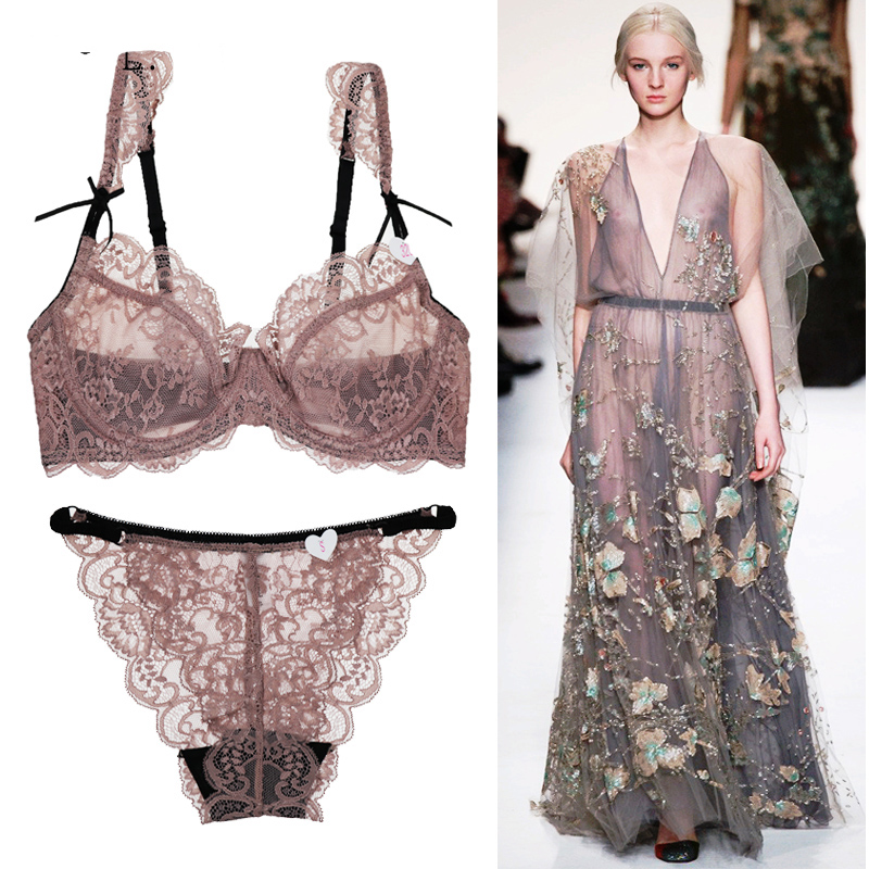 New ultra-thin underwear female sense bra large chest small transparent thin section no sponge lace bra set large size
