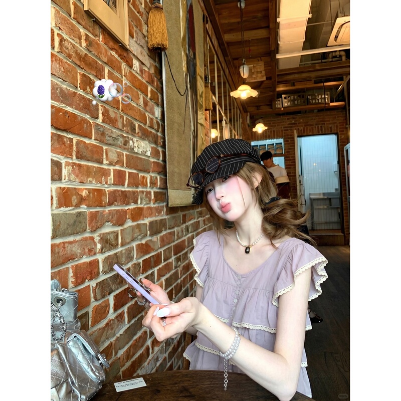 Femalepilot Korean Style Girl's Lace-Trimmed Multi-Layered Ruffle Top Summer Age-Reducing Flutter Sleeve Blouse