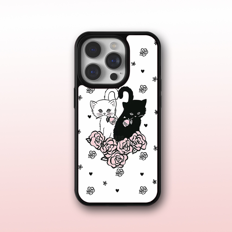 17Air European and American Style Wf Same Style Black and White Couple Cat Phone Case 16Promax Girly Anti-Fall 15Plus Protective Case 14Pro/13Mini/12/11/Xsmax
