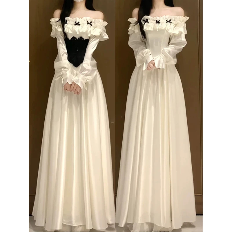Purely Elegant Ruffled Off-Shoulder Satin Long-Sleeve Dress for Women, Spring Socialite Style, Waist-Cinching, Large Hem Long Dress