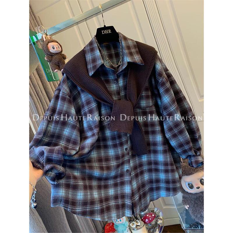 Thickened British Plaid Retro Knitted Shawl Brushed Long-Sleeved Shirt Jacket Loose Two-Piece Set Top for Women New Style