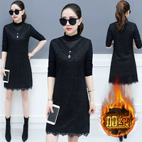 Mùa thu và mùa đông váy nữ dài tay 2018 mới mỏng cộng với nhung dày ren đoạn dài một từ đáy váy váy chữ a dài liền thân