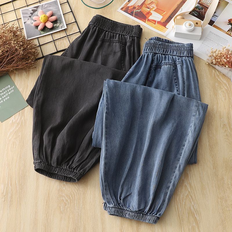 Summer Thin Tencel Denim Jogger Cropped Pants for Women, Korean Style, Loose Fit, Slimming, Versatile, Elastic Waist, Casual Harem Pants