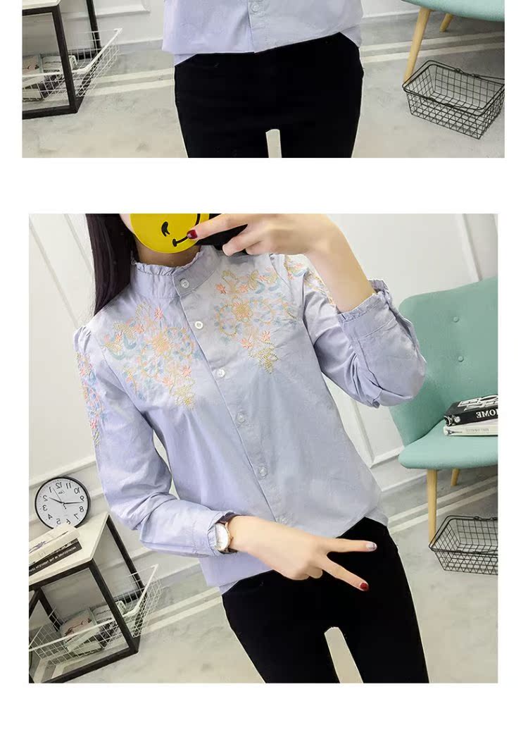 Mùa xuân mới thêu áo sơ mi nữ dài tay 2018 phiên bản Hàn Quốc mới của áo len mỏng cổ áo cánh hoa dại ao so mi nu