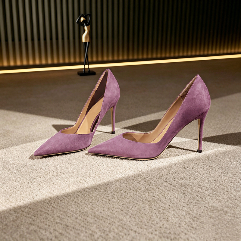 [Craftsmanship by Master Gan] Genuine Leather High-Heeled Shoes for Women, Stiletto Heel, Pointed Toe, Stylish and Elegant, Purple, Shallow Mouth, Autumn Collection